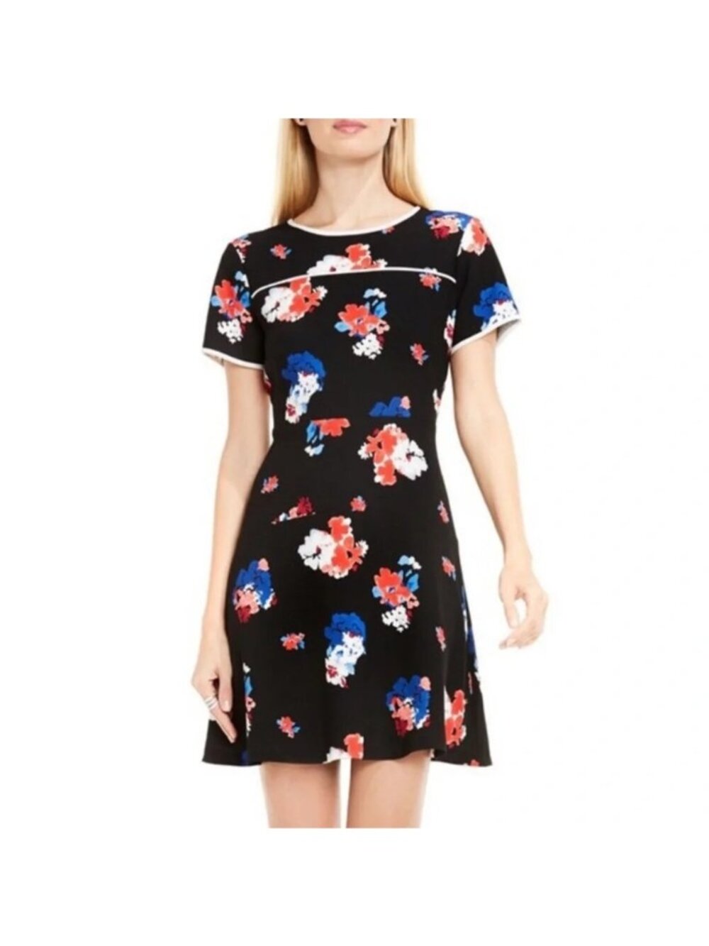 Vince Camuto Dress Size 8 Petites Mini Black Floral Print Fit Flare Short Sleeve